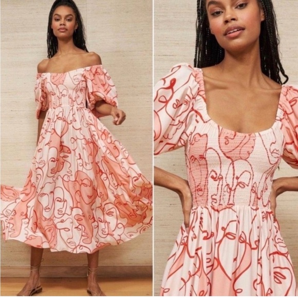 NWT La Ligne MEDIUM Lola Shirred Printed 100% silk pink midi dress - Picture 4 of 13